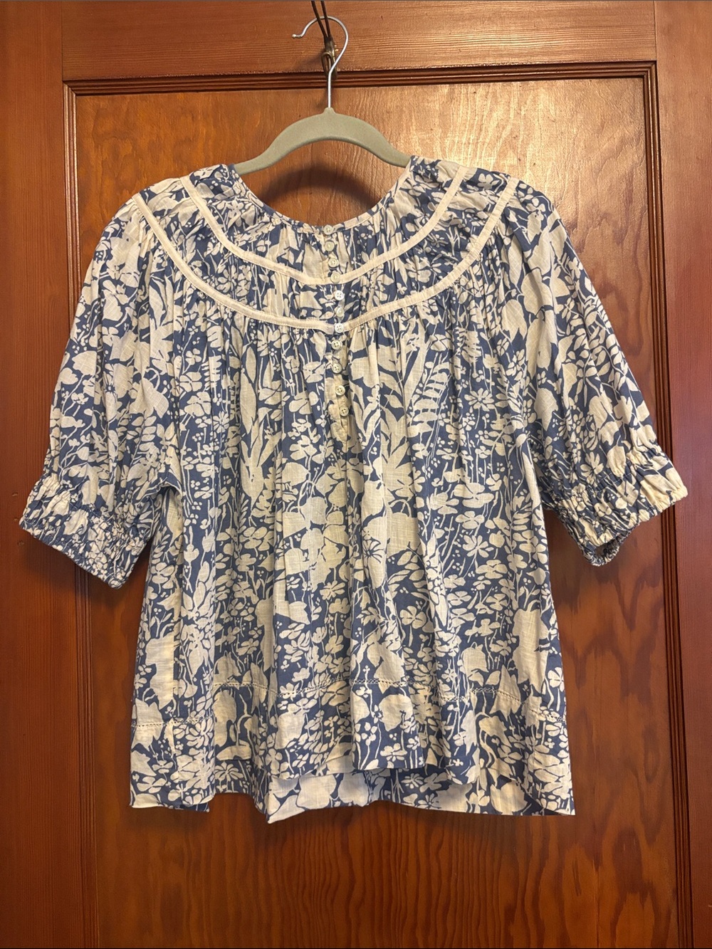 the GREAT blue and cream blouse